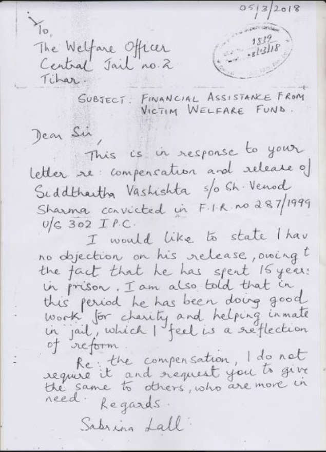 A letter written to a Tihar jail official. 