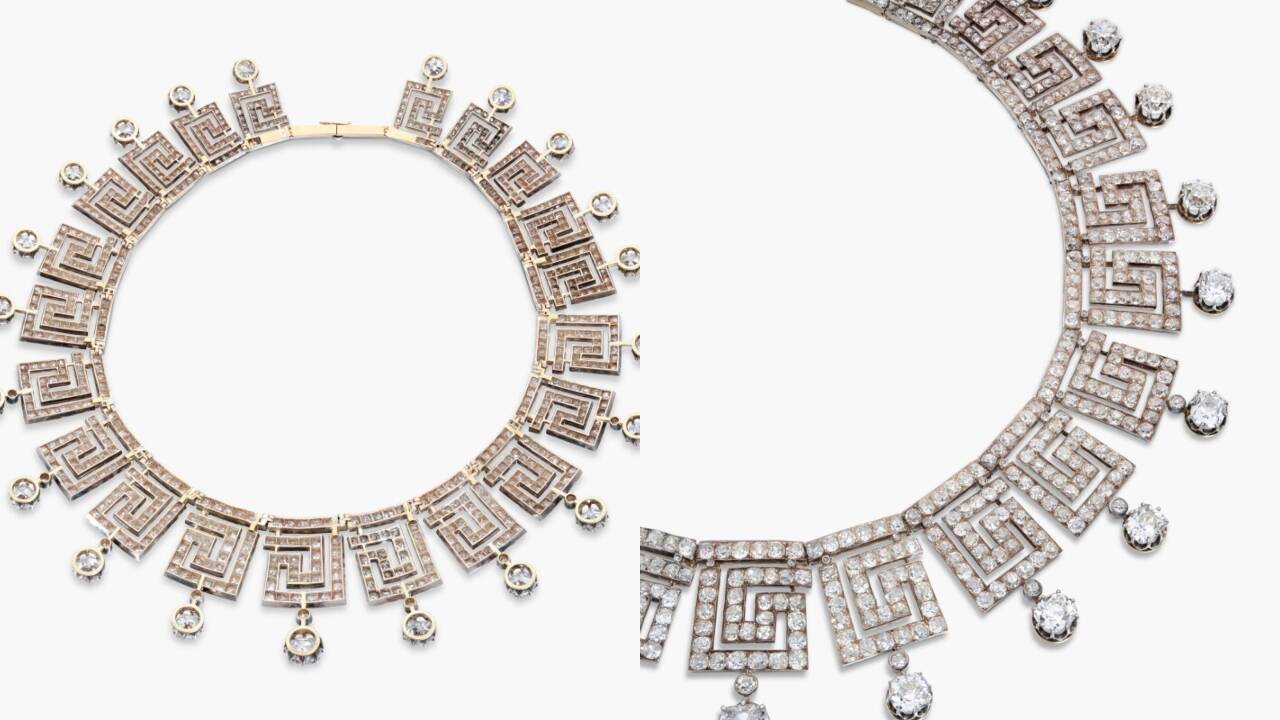 The diamond tiara doubles as a necklace