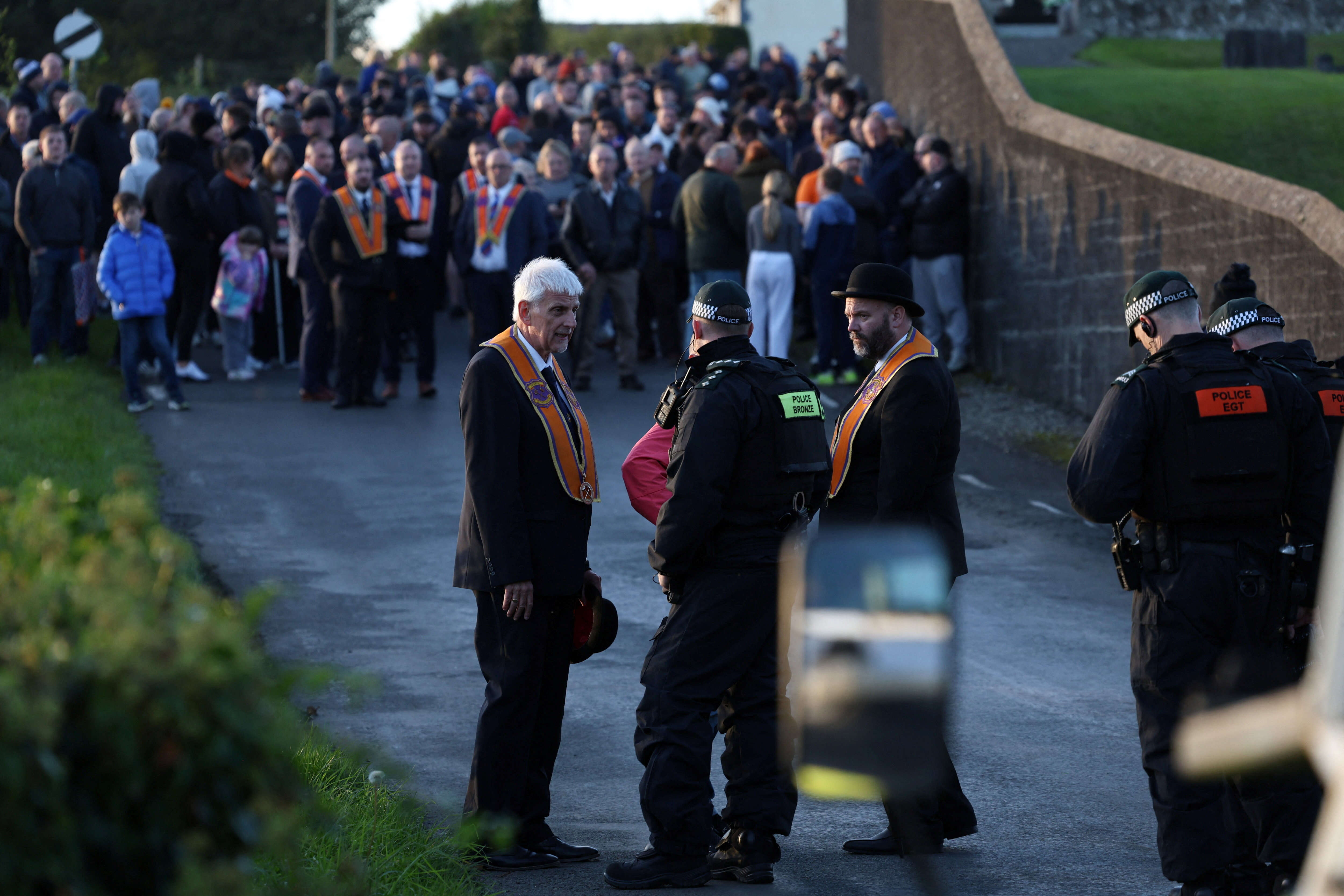 People protest on the Garvaghy Road, a Catholic enclave in the largely Protestant town of Portadown, against the Protestant Orange Order's annual Drumcree parade