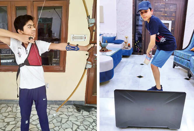 (L) Hari Shukla has been practicing archery through online classes (R) Pragnay Bhatia, a student, practicing cricket during an online sports classes (BCCL)