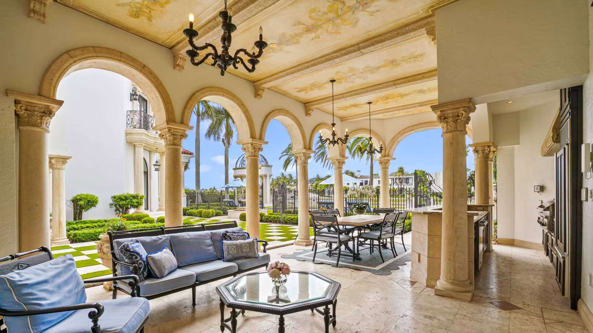 The luxury Jupiter mansion features eight bedrooms and a private dock.