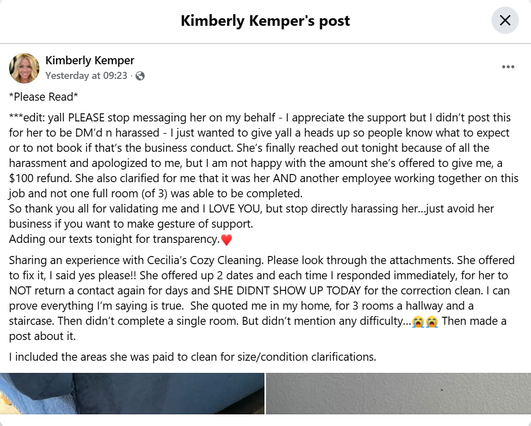 Kemper says Cecilia’s Cozy Cleaning owner Cecilia Bodart offered a $100 refund but failed to return for a promised follow-up cleaning.