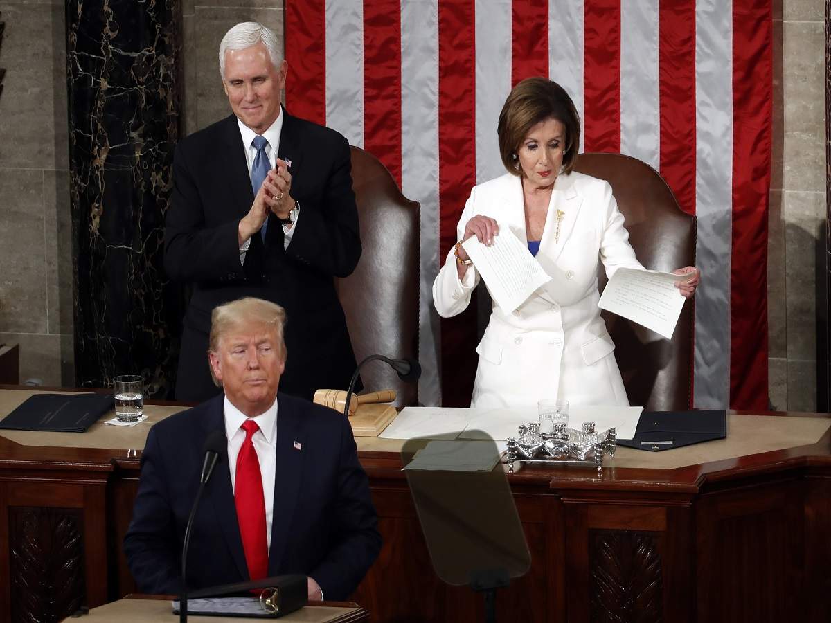 House Speaker Nancy Pelosi rips US President Donald Trump speech. Right ...