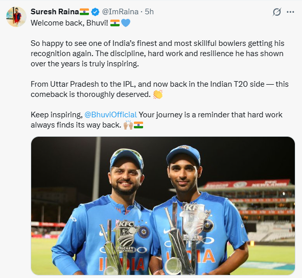 Suresh Raina's post for Bhuvneshwar Kumar<br>