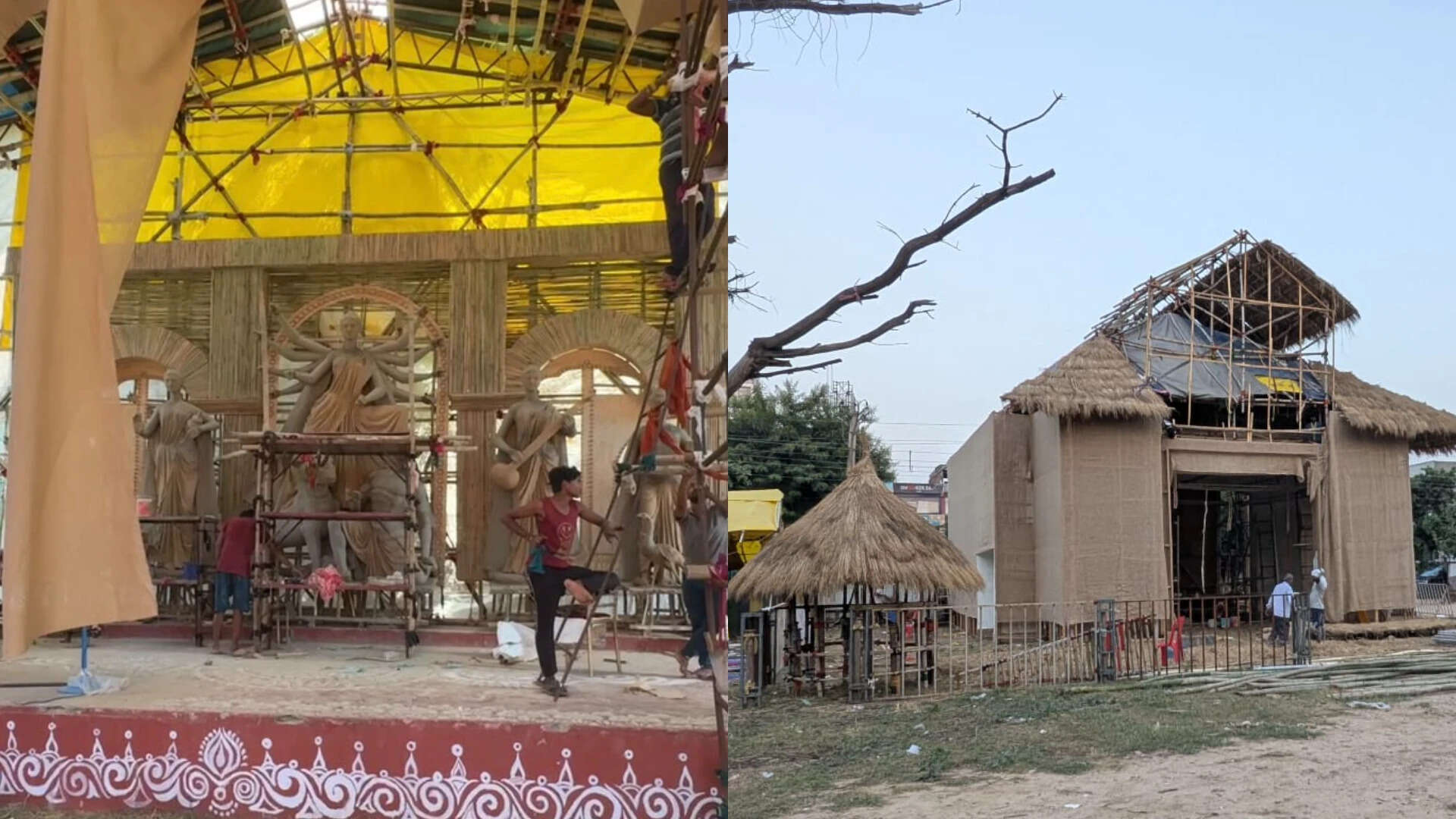 L-R: Co-operative Ground Durga Puja Samity is looking to two traditional materials – jute (Golden Fibre) and bamboo (Green Gold) – to shape its pandal and Bangiya Parishad Gurgaon is focusing on gram Bengal<br>