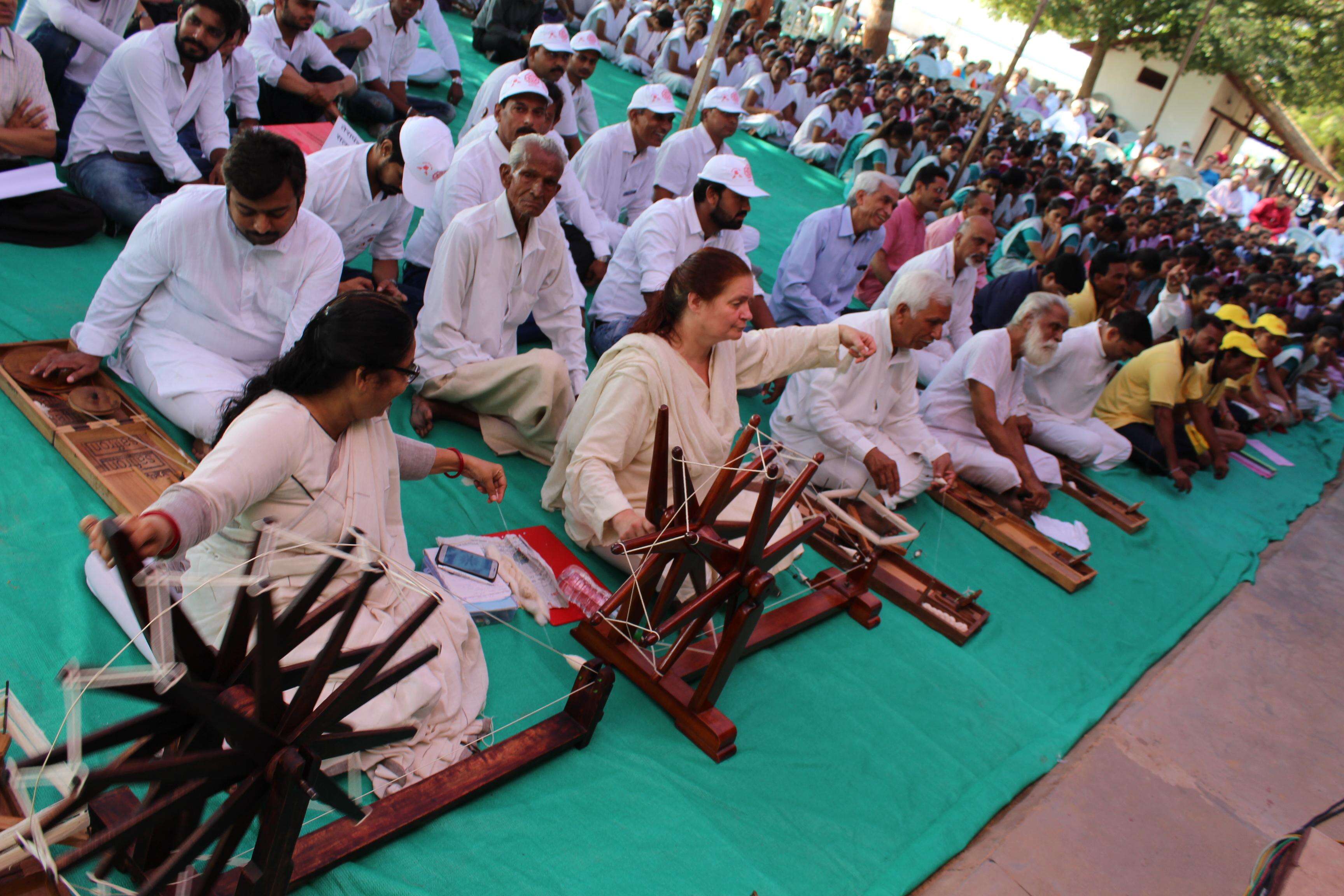 Pic spinning Bamboo Charkha and Miriam Haenen with Lata Parmar on Gandhi Jayanti.jpg