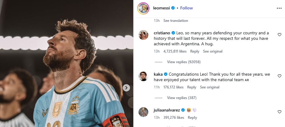 Ronaldo’s message to Lionel Messi after international retirement<br>