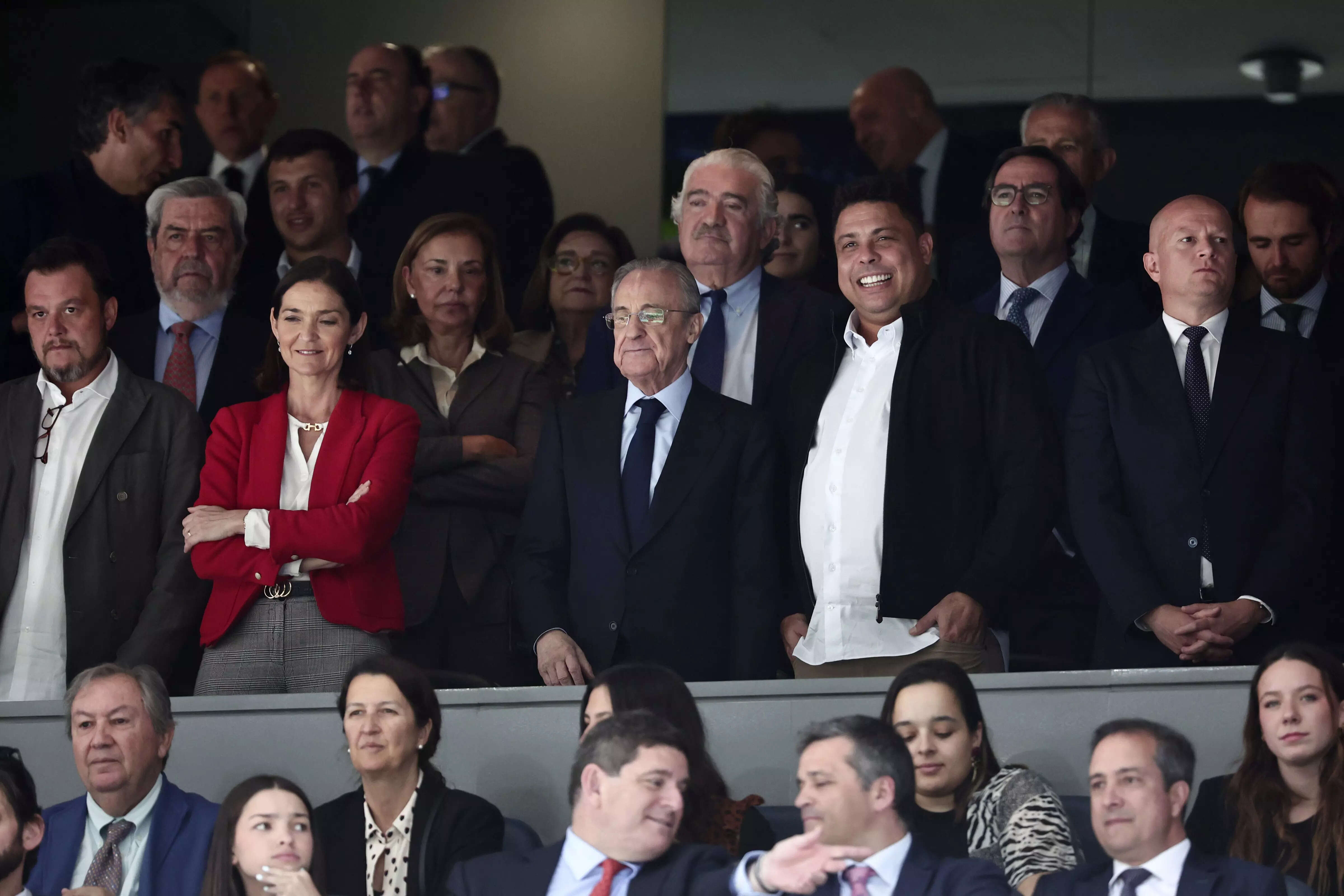 Real Madrid president Florentino Perez, centre, and Former Real Madrid player an...