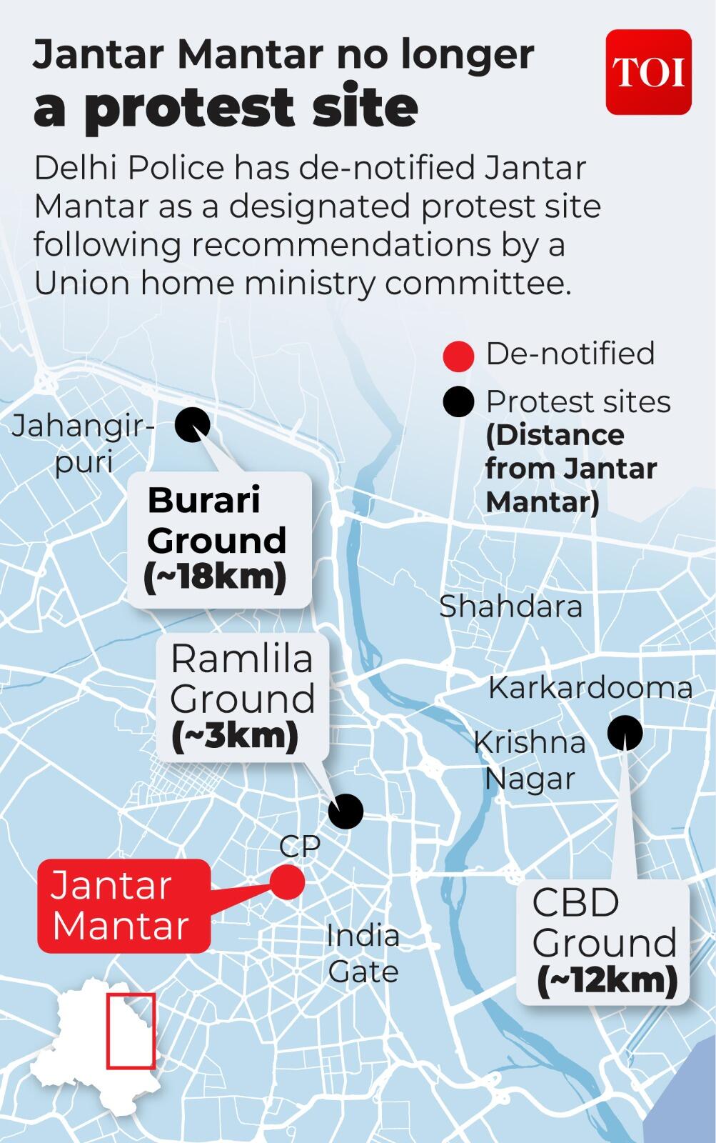 Protest sites distance from Jantar Mantar<br>