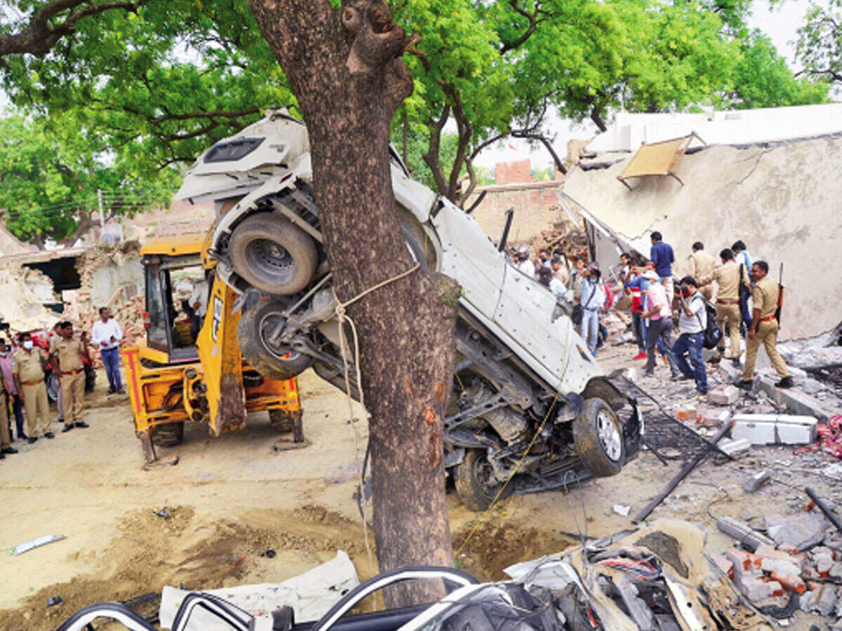 The debris of notorious gangster Vikas Dubey’s lavish house in Bikru village, the scene of the bloody crime