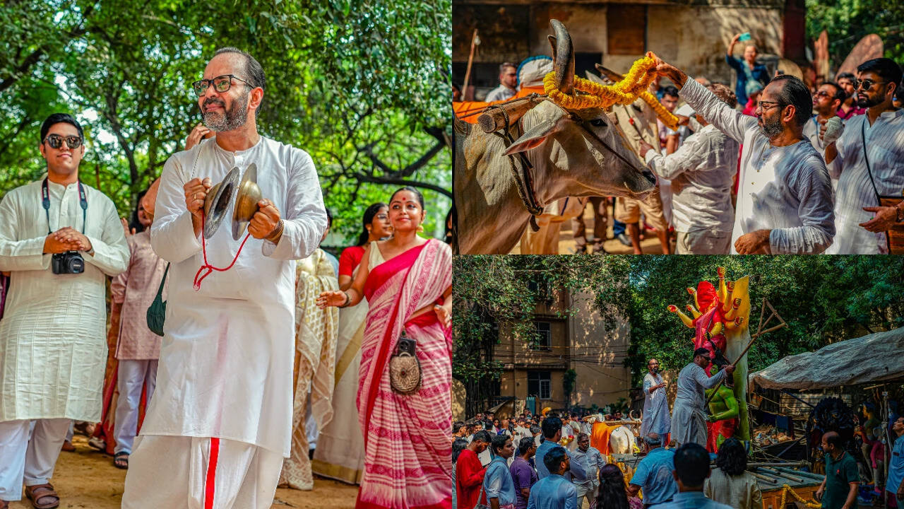 Samrat Banerjee, who leads the Durgotsab GK2 celebrations, during the Mahalaya Shobha Yatra from the murtikar workshop in CR Park to the pandal in GK2
