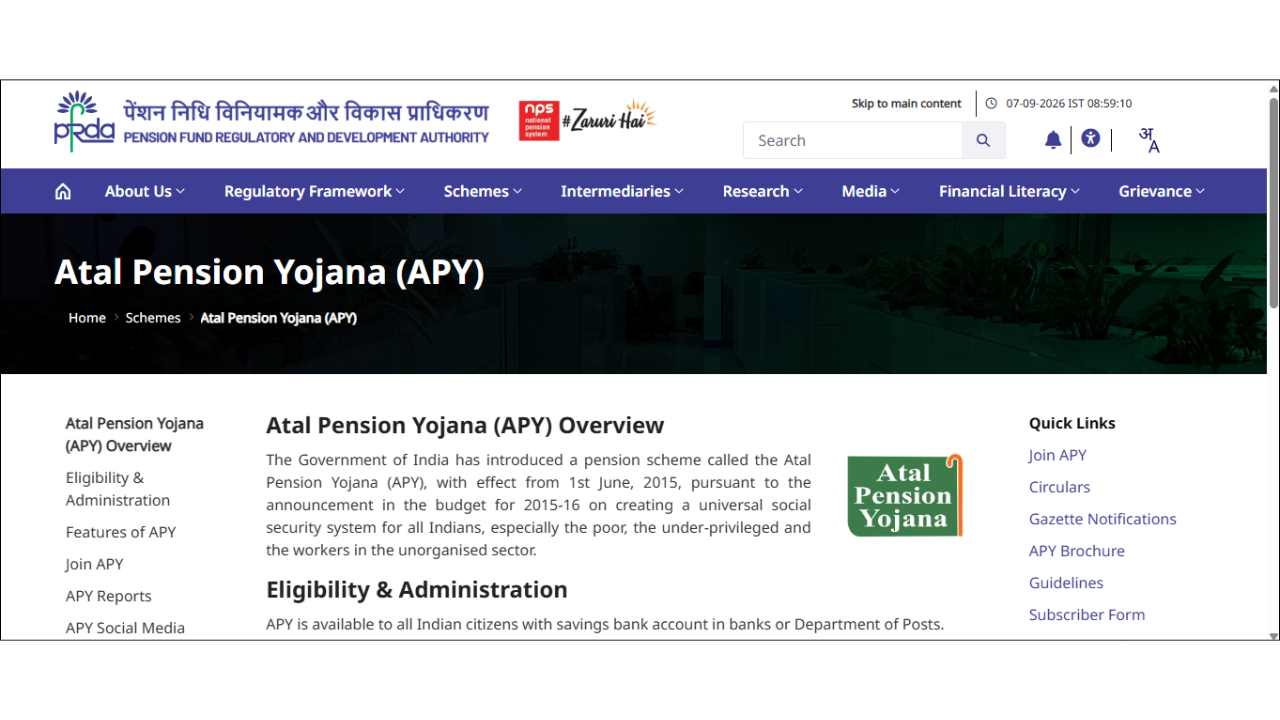 Screengrab of the official Government of India page for Atal Pension Yojana (APY).<br>