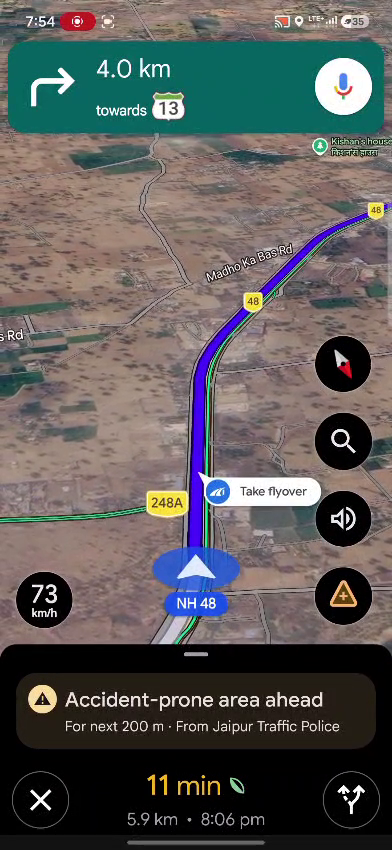 Screenshots showing accident hotspot alerts integrated into Google Maps for commuters travelling across Jaipur Range districts (2).png