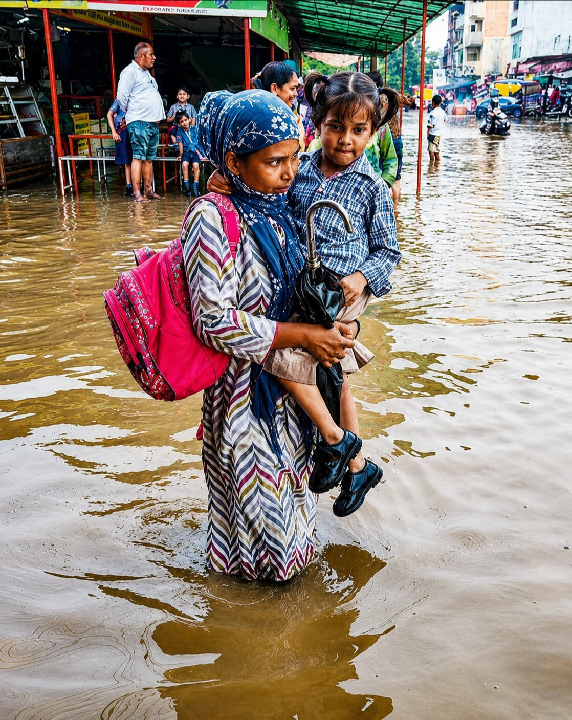 Parents were seen wading to the buses to get their children out and carry them back on their laps<br>
