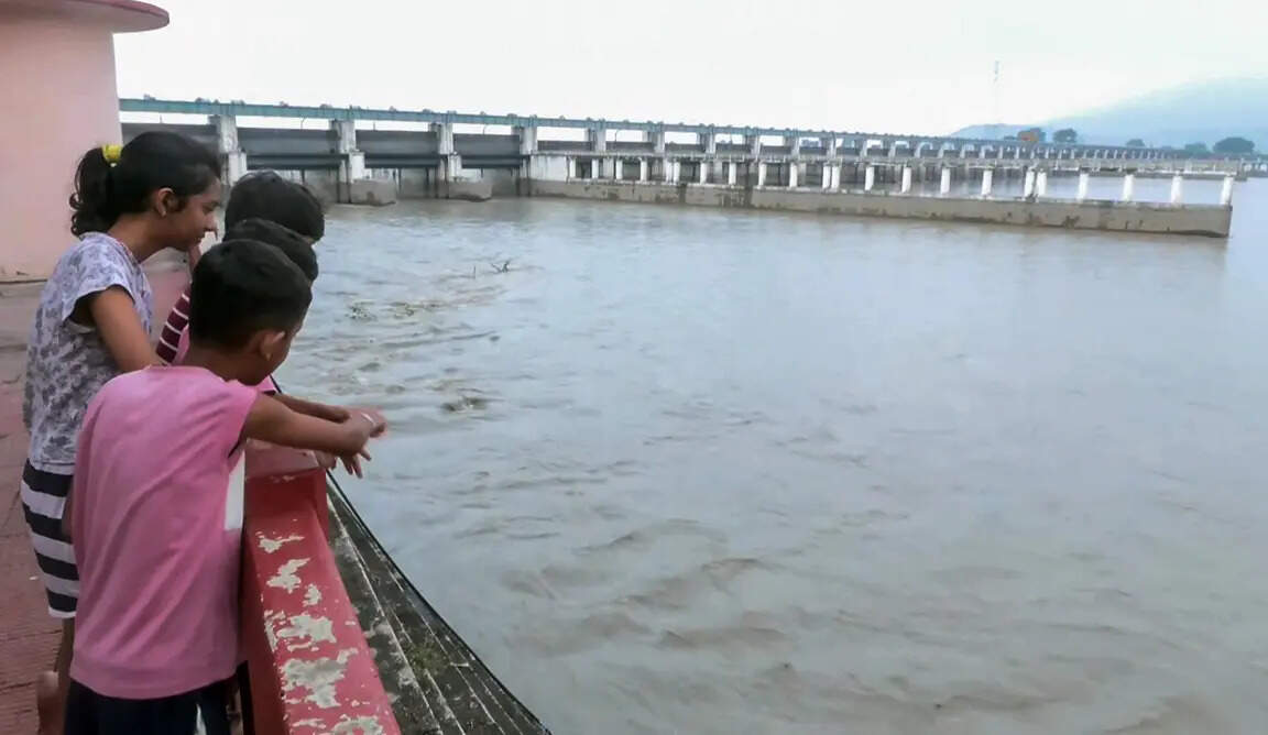 West Champaran, Aug 29 (ANI): Children at the Gandak Barrage look at the water s...