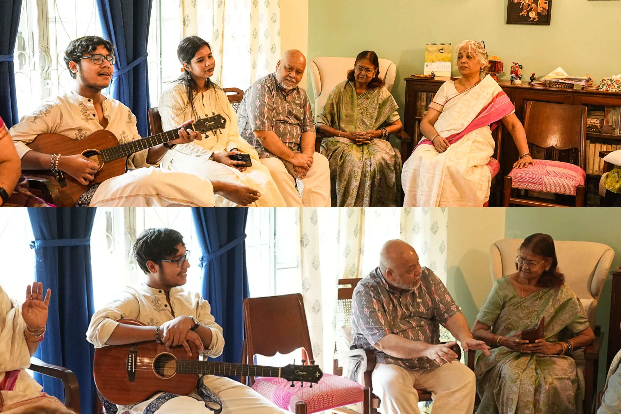 At host Sharmila Sinha’s home, the idea that khana aur gaana is integral to a Bengali household came alive when the musicians, Himalaya and Prithvija, began singing songs like Bajlo Tomar Alor Benu, Moko Kaha Dhoonde Re Bande and Tomare Dekhibar Mone Chay