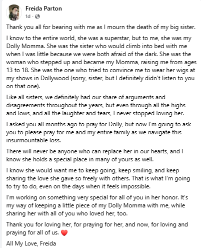 Freida Parton Facebook post
