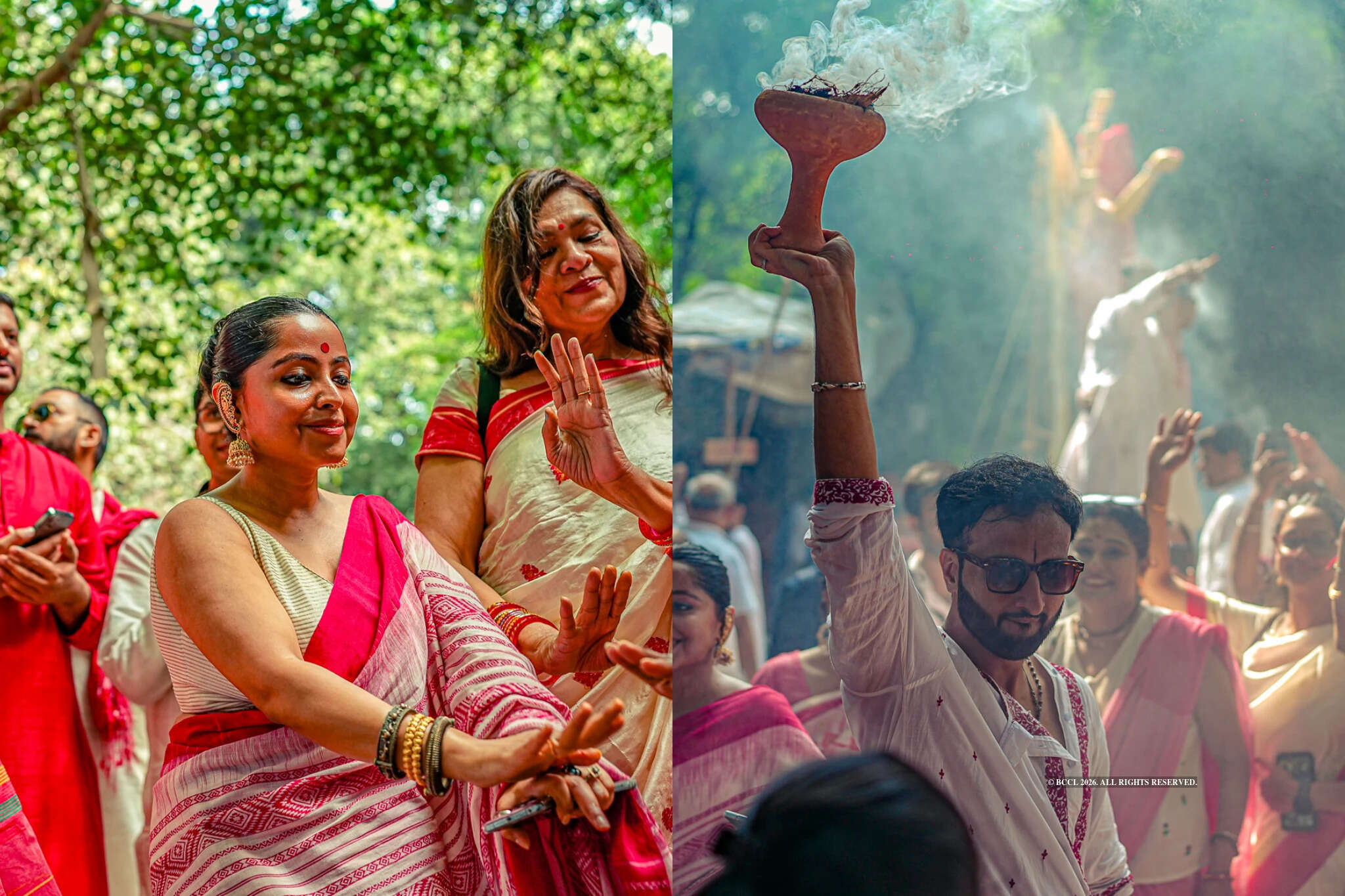 As the procession moved through CR Park towards Greater Kailash II, the sound of the dhaak accompanied the community, while the rising smoke of dhuno added to the festive atmosphere.