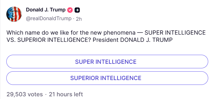 ‘SUPER INTELLIGENCE’ or ‘SUPERIOR INTELLIGENCE’? Trump turns AI debate into poll<br>