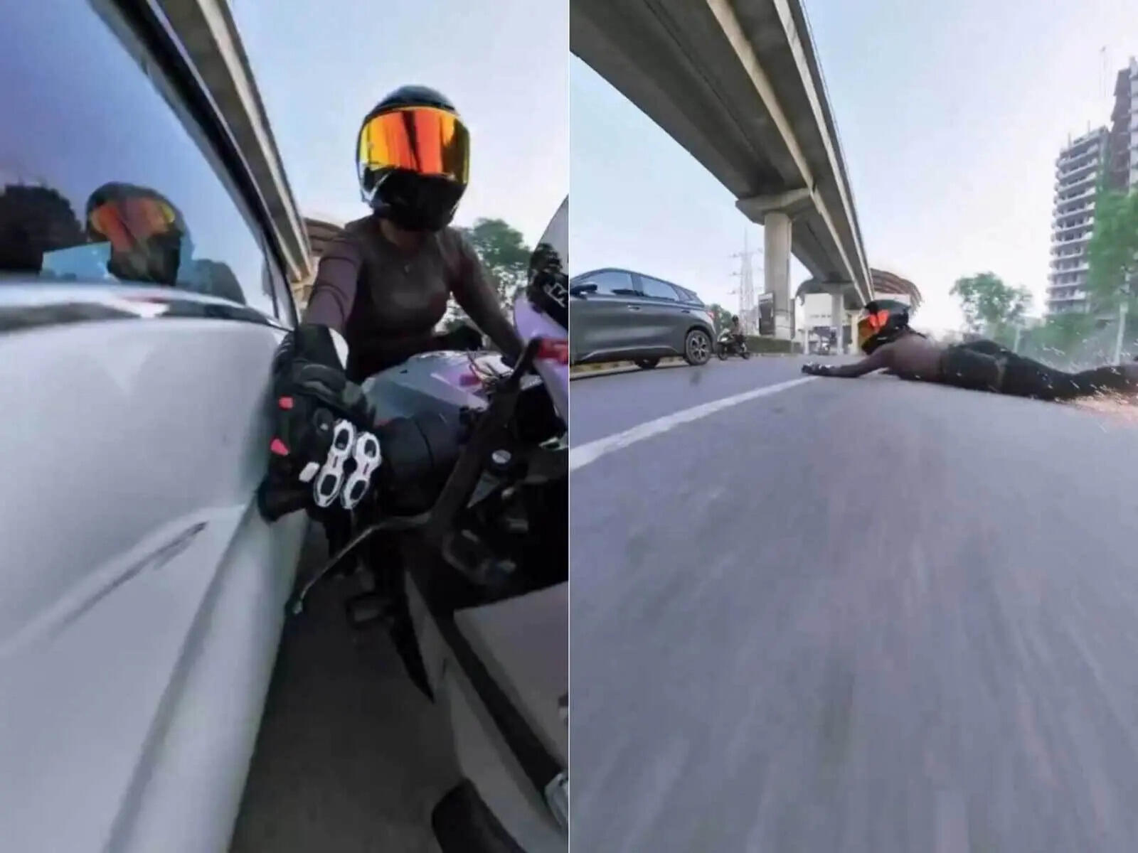 camera mounted on Sia's motorcycle appears to show the car coming into contact with her bike