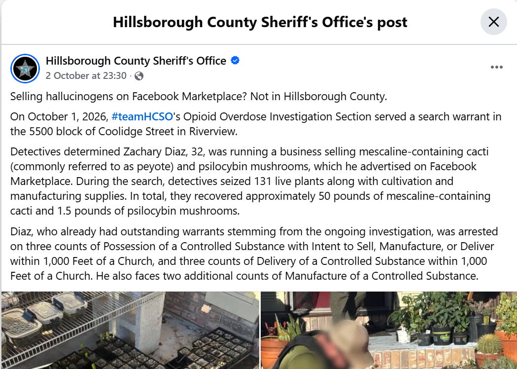 Florida man faces multiple drug charges after a Facebook Marketplace investigation.