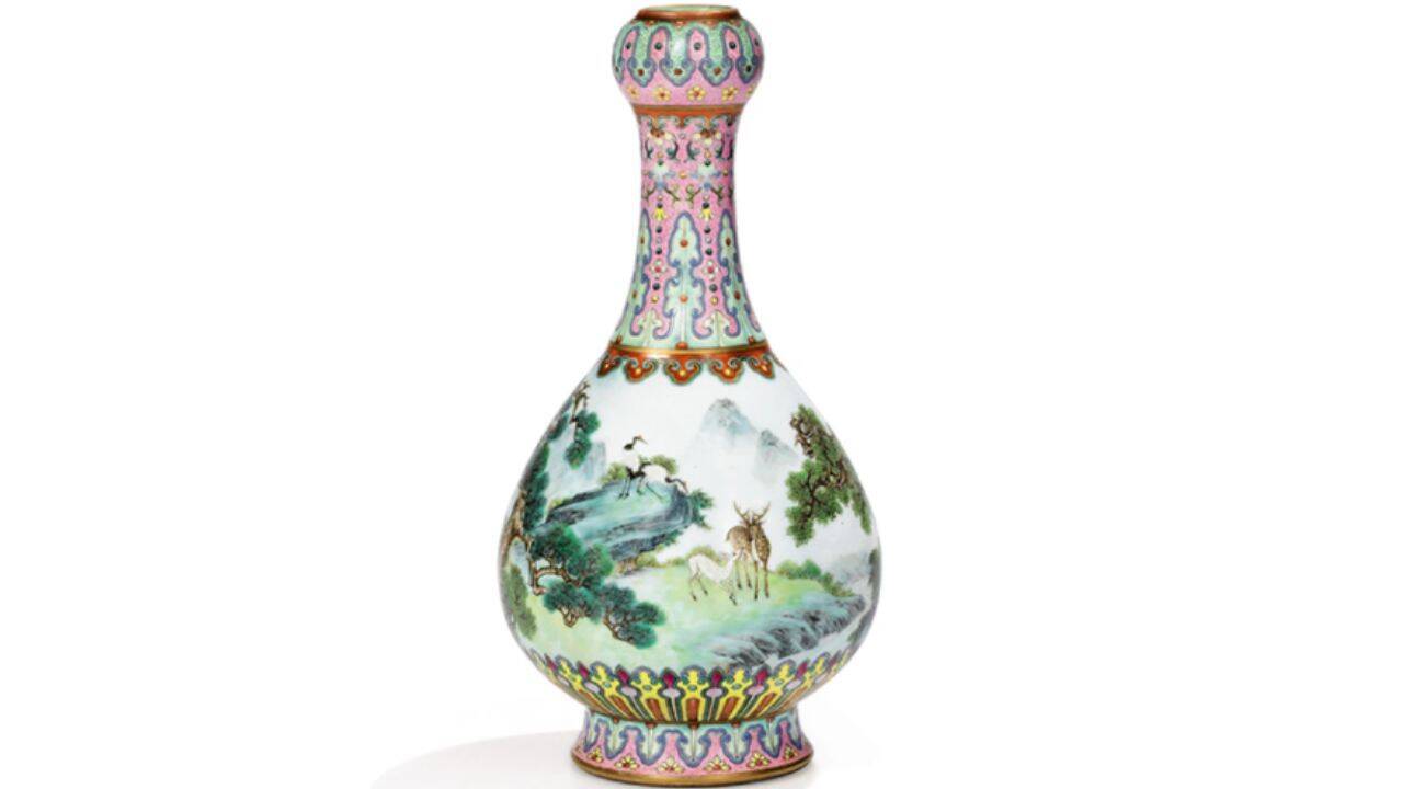 The vase, officially described as an Imperial 'Yangcai Crane and Deer Ruyi Vase', features a landscape painted around its body