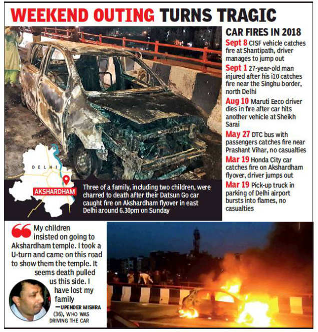 Delhi Akshardham 2 Kids Among 3 Of Family Charred As Car Goes Up In Flames On Flyover Delhi News Times Of India