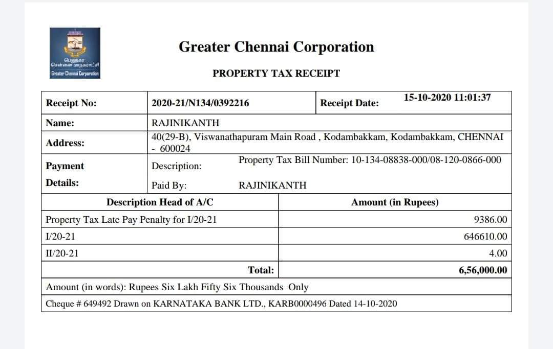 Rajinikanth pays Rs 6.5 lakh property tax to Chennai Corporation after