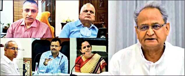 CM Ashok Gehlot with officials in a video conference in the city on Monday