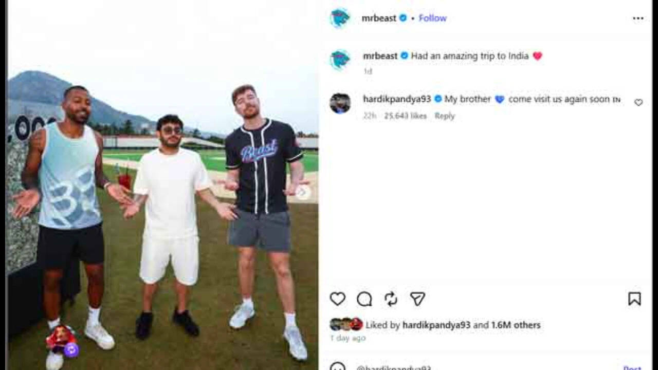 Hardik Pandya's famous World Cup celebration returns, this time with MrBeast and CarryMinati
