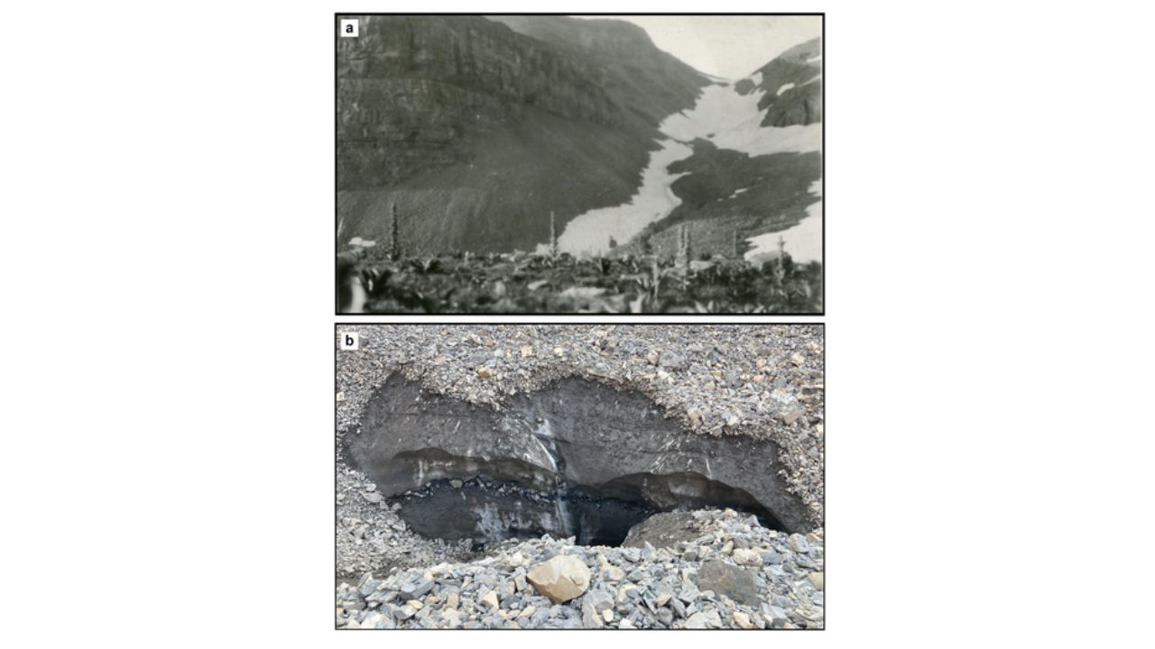 Images of Timpanogos Rock Glacier. (a) Photo of Timpanogos Rock Glacier on 1 August 1925, showing the rock glacier (right side of the frame) flanked by seasonal snow (University of Utah Photo Archives)(b) Image of a moulin-like feature on the upper portion of Timpanogos Rock Glacier, with layers of firn separated by thin debris layers. We expect that the firn transitions to ice at depth.(Image: University of Utah Photo Archives)
