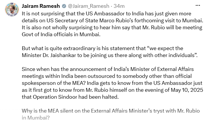 US 'expects' Jaishankar to meet Rubio in Mumbai? Cong questions govt's silence over envoy Gor's remark