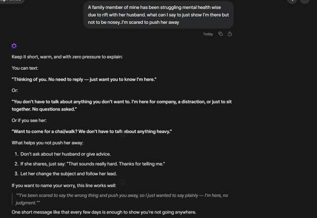 AI bot's advice giving suggestions on comforting a family member AI response