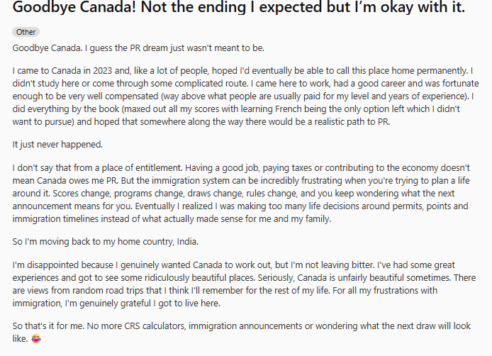 Reddit post on not getting Canada PR