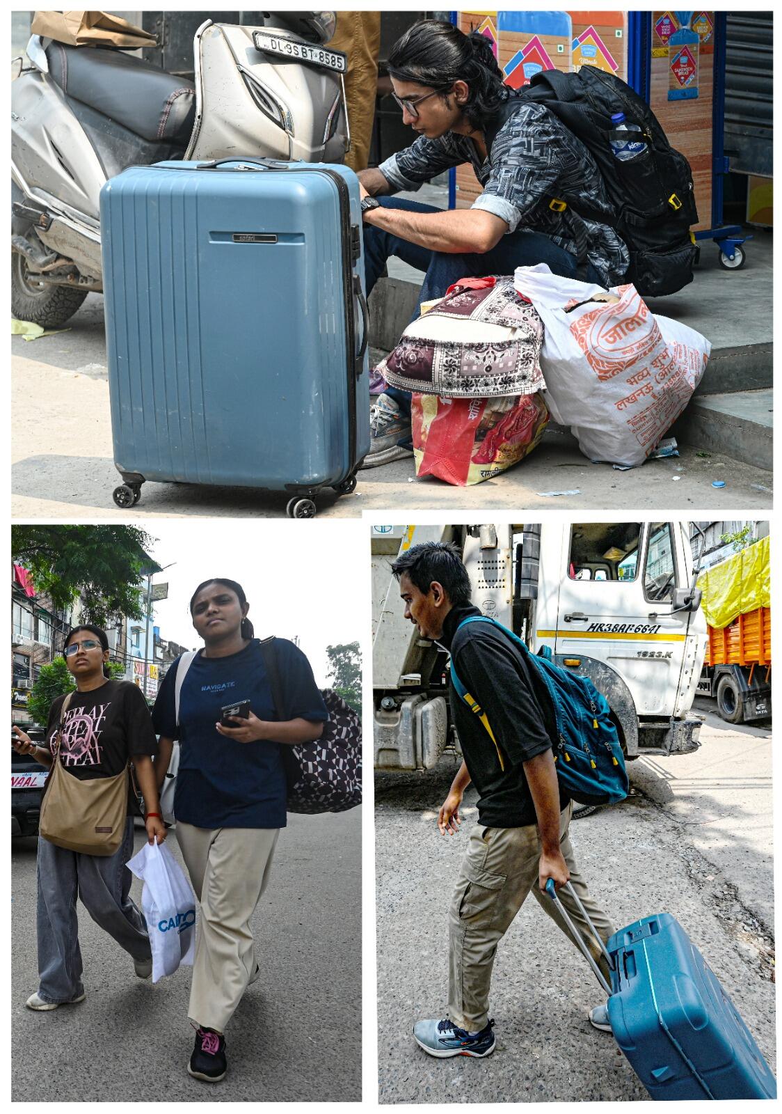 (TOP) Suryansh Tiwari is going to a relative's house in Malviya Nagar; after that, he will go to his UP residence. (BELOW LEFT) Himanshi is going to JNU with her friend Shivangi to stay with her. (BELOW RIGHT) Saksham is going to his hometown in Bhopal. Like Suryansh, Himanshi, and Saksham, many students are vacating or temporarily leaving PGs at South Campus. Students are very scared and tensed. Photos: Anindya Chattopadhyay