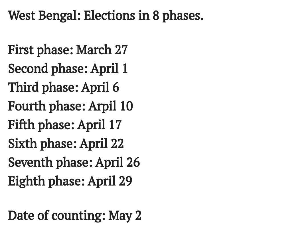 West Bengal Election Dates 2021 Eight Phase Polling To Start On March 27 Results On May 2 Kolkata News Times Of India