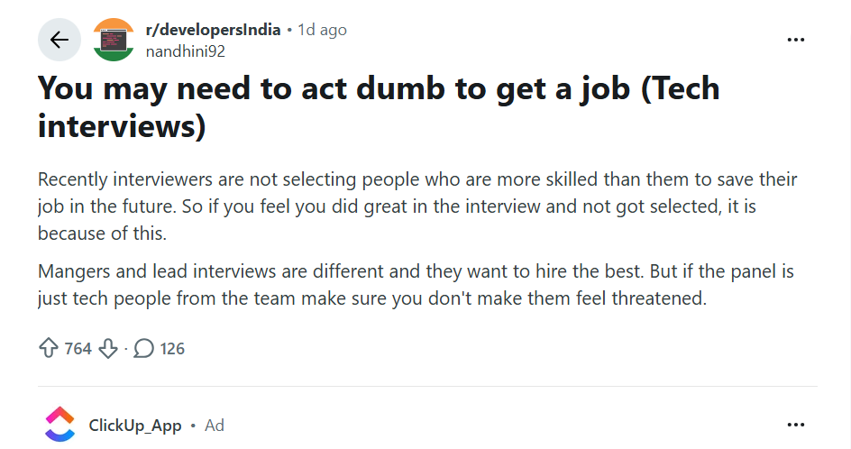Did you get rejected because you were ‘too good’? Reddit post says candidates may need to act dumb in interviews | 3 Screenshot 2026-09-19 165559