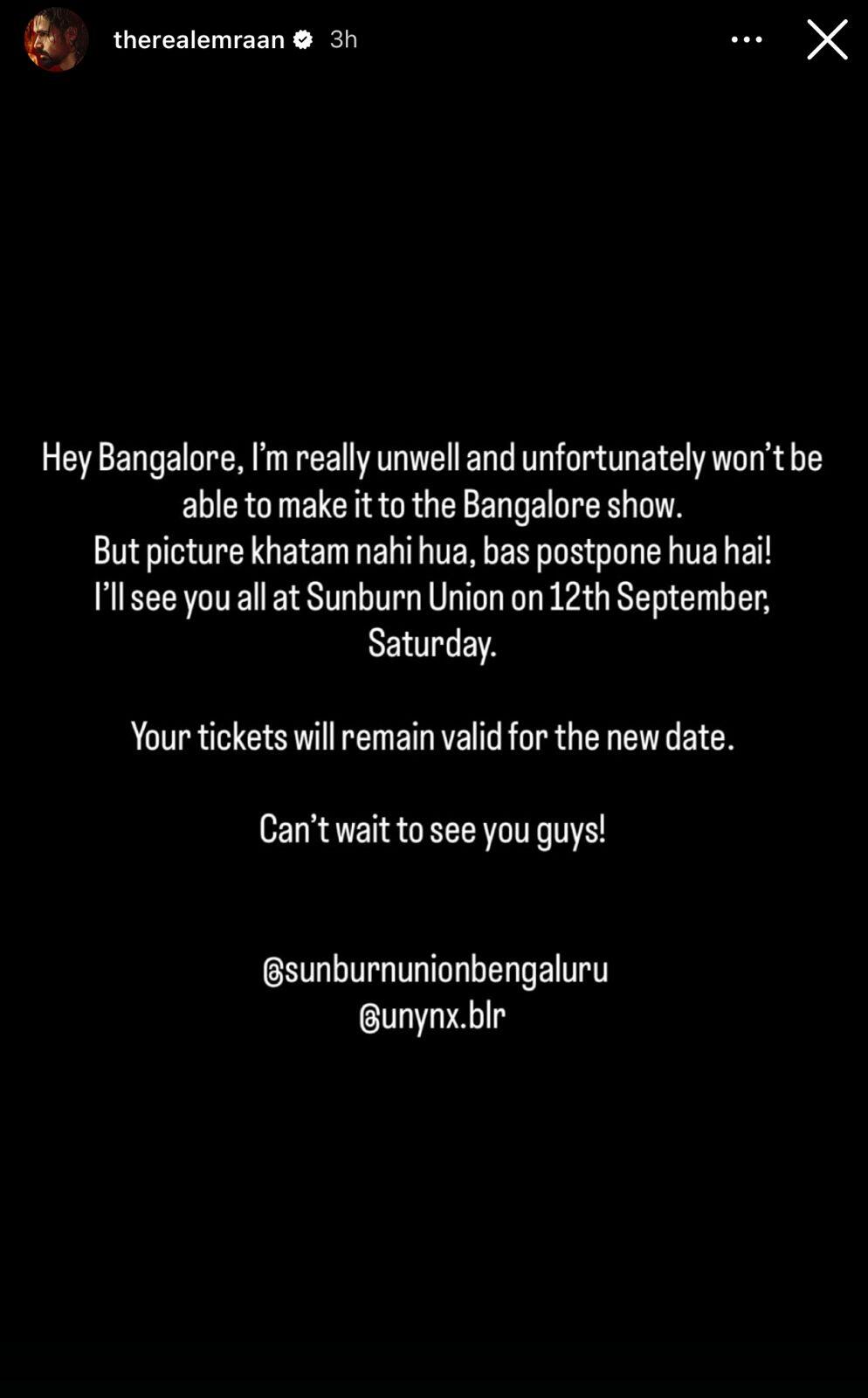 Emraan Hashmi announces postponement of Bengaluru gig amid reported swine flu diagnosis (Image Credits Instagram)