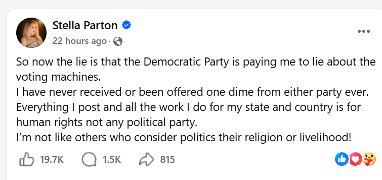 Stella Parton denies being paid by Democrats to speak about voting machine concerns.