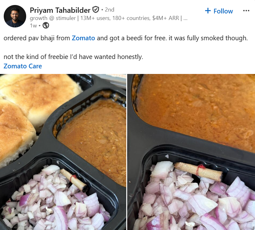 man finds beedi in pav bhaji