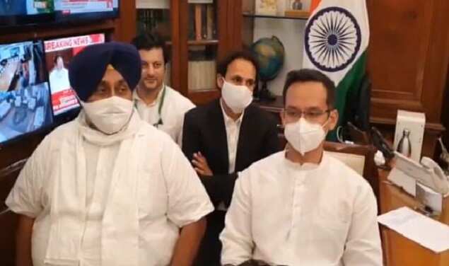 SAD chief Sukhbir Singh Badal (front row left) and Congress MP Gourav Gogoi in Lok Sabha speaker Om Birla's chamber.