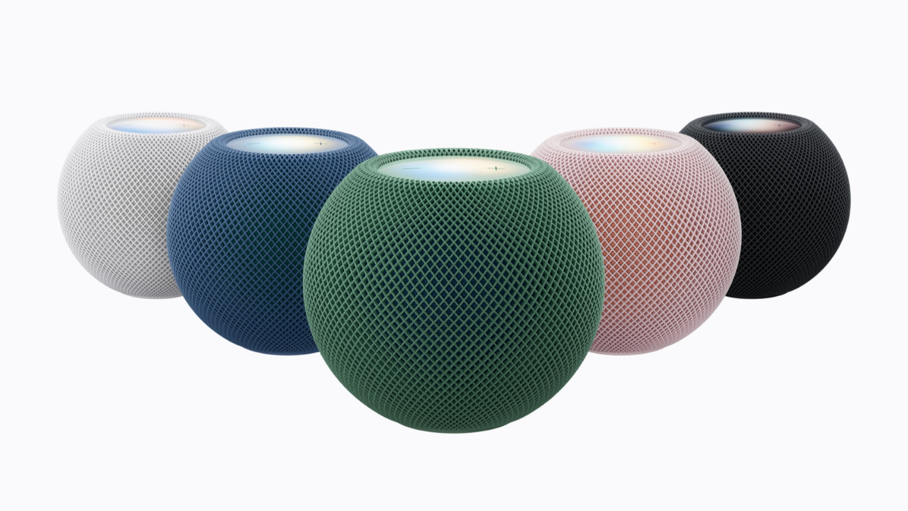 The HomePod mini 2 in pink, green, blue, white and midnight, with Sound Glow on its top panel.