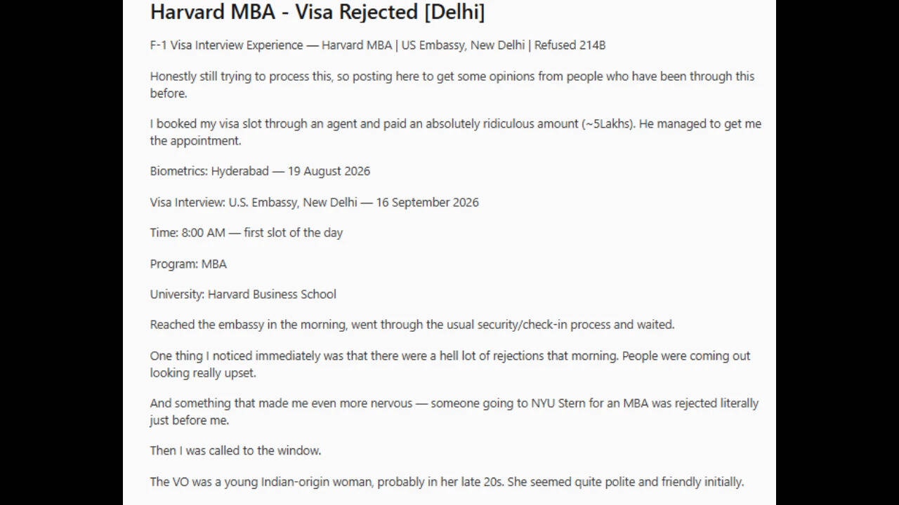 Redditor shares experience of F1 visa rejection despite getting chance in Harvard for MBA.