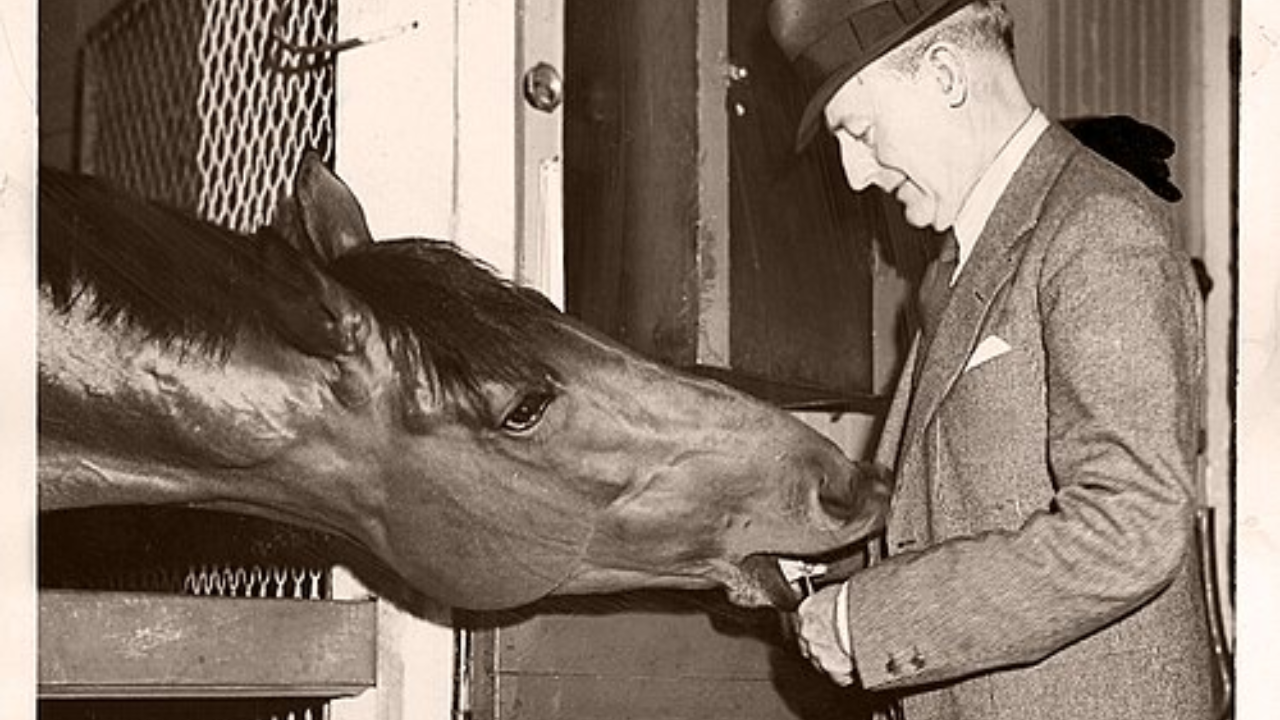 Seabiscuit found a quiet retirement at Ridgewood Ranch/ Seabiscuit with owner Charles Howard (Wikipedia)<br>