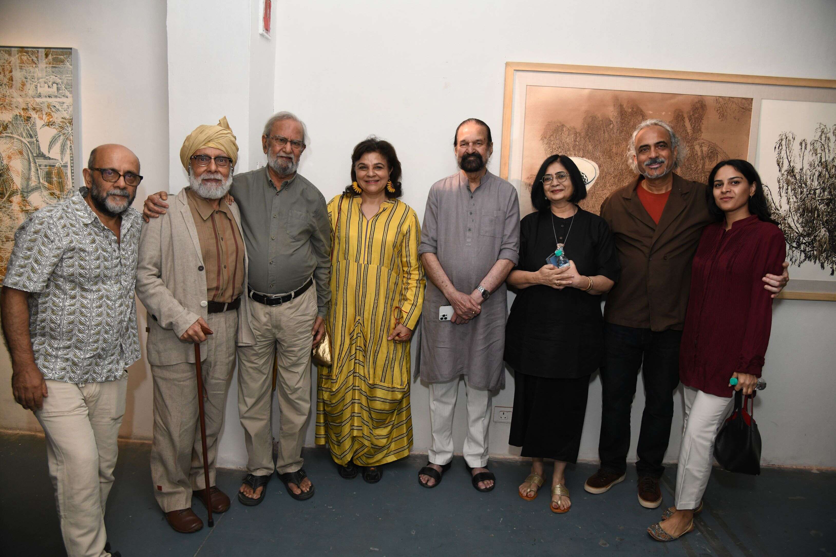 L-R Veer Munshi, Ranbir Kaleka, Gulammohammed Sheikh, Manisha Gera, Rameshwar Broota, Vasundhara Tewari Broota, Rahul Baswani, Vasavi<br>