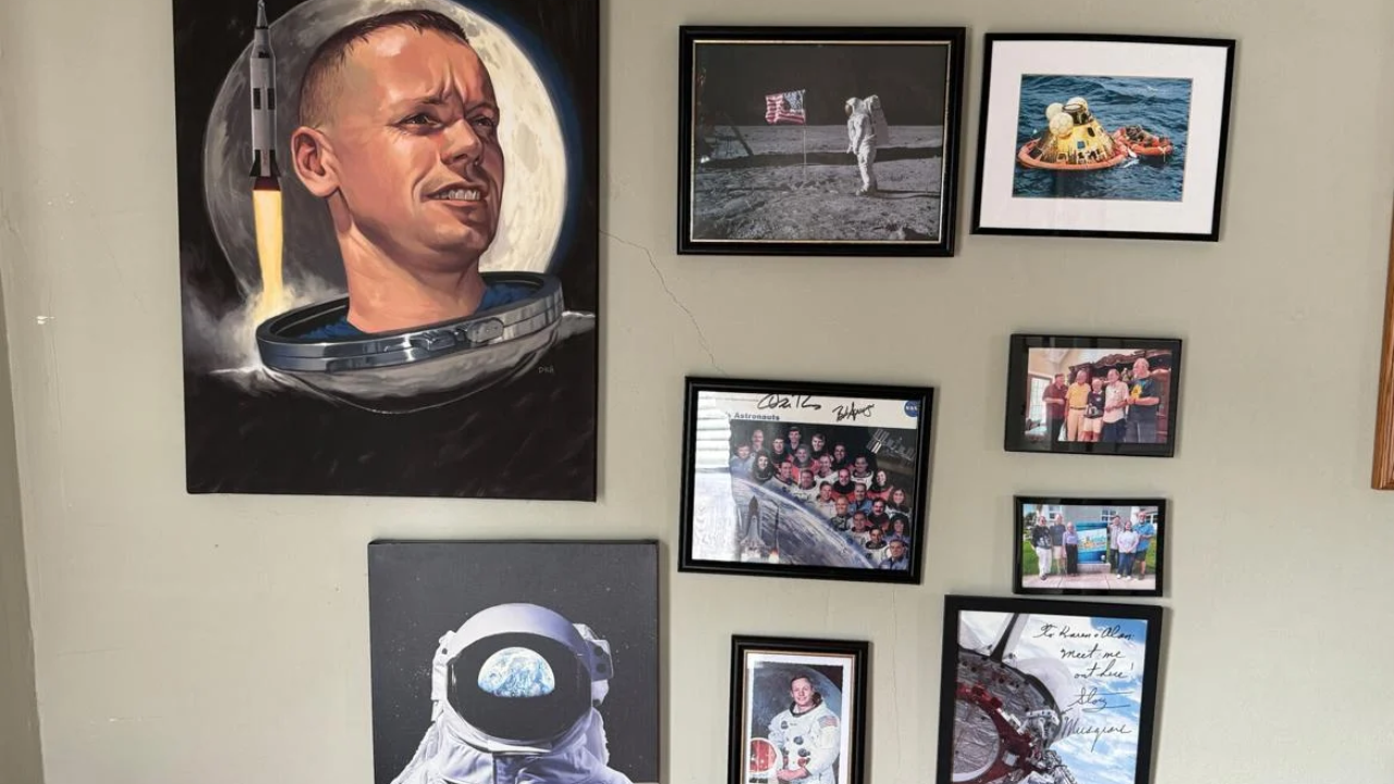 A wall of portraits inside the former bedroom of Neil Armstrong  in Wapakoneta, Ohio. (Photo credit: AP Photo/Patrick Aftoora-Orsagos)