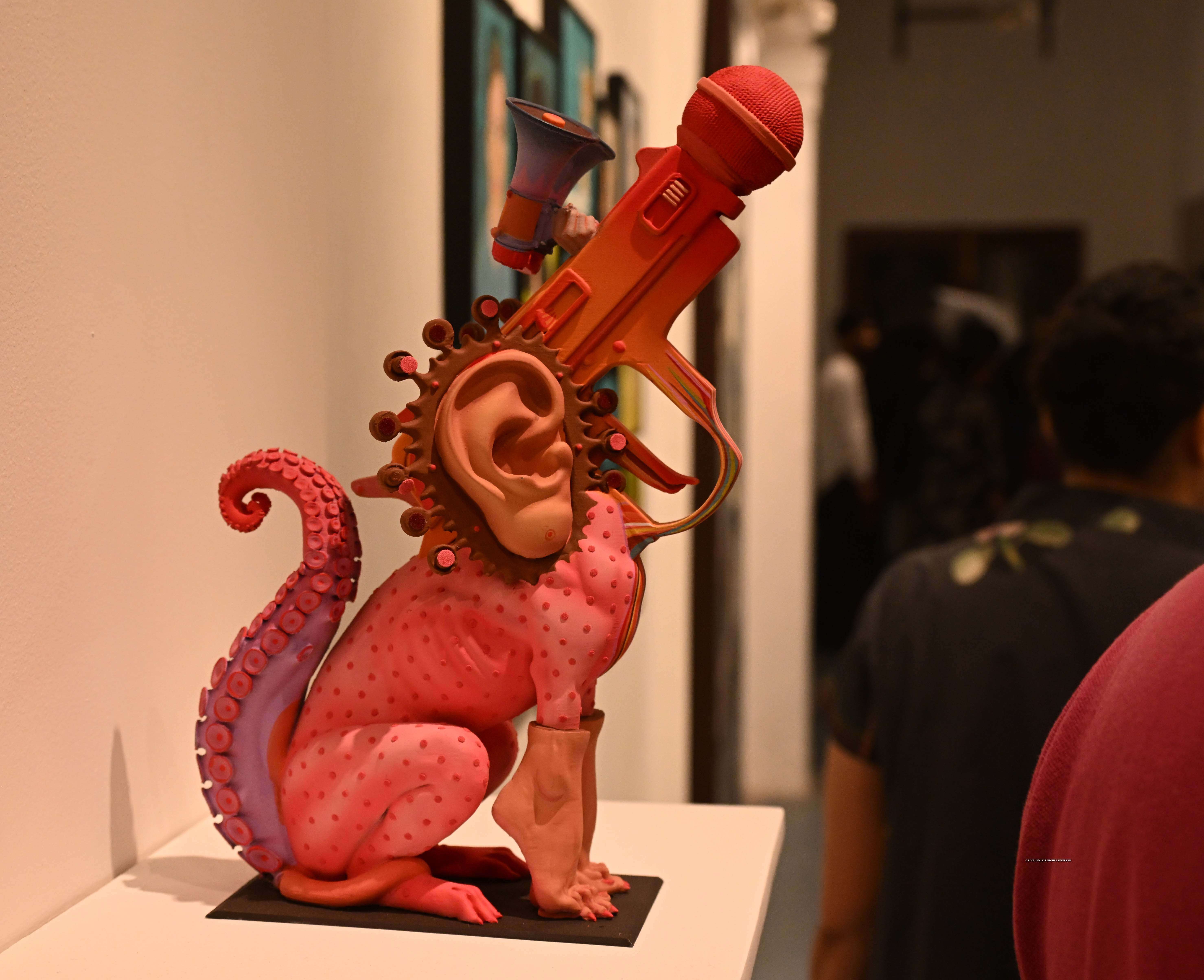 Yogesh Ramkrishna’s On The Command Of My Master is a chalk-painted carbon-fibre sculpture that explores the idea of authority<br>