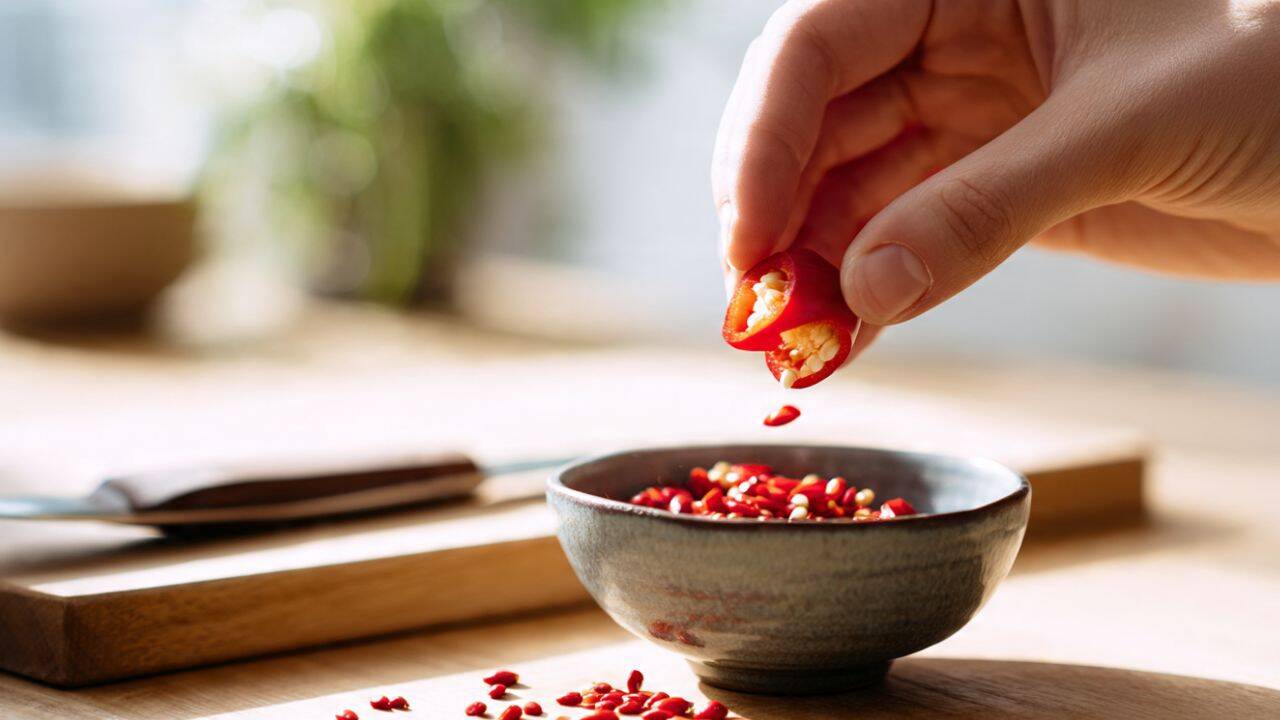 Hold the chilli over a bowl and tap out the seeds<br>