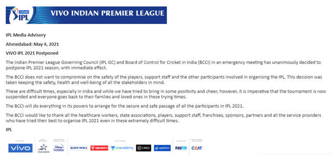 Ipl News Ipl 2021 Postponed Indefinitely After Multiple Positive Cases In Bio Bubbles Cricket News Times Of India