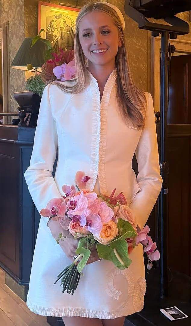 Isabel Getty stuns in a white bridal ensemble as she marries Faris McKinnon at Chelsea Old Town Hall.